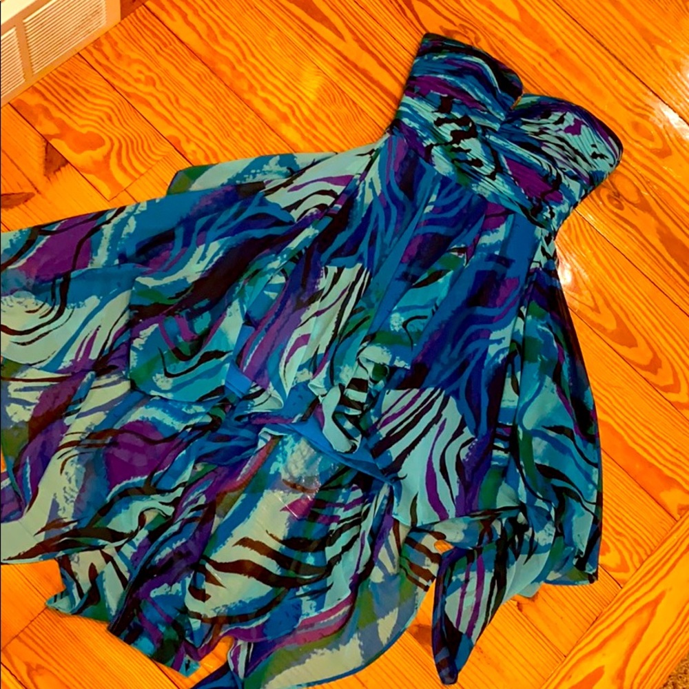 High-low blue, green, purple, and black dress